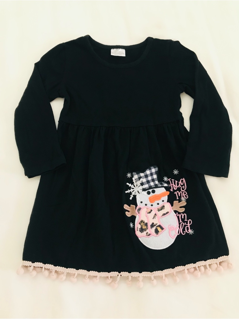 Black Long-Sleeve Dress with Snowman Applique & Pom PomTrim Hug Me I’m Cold Sz M